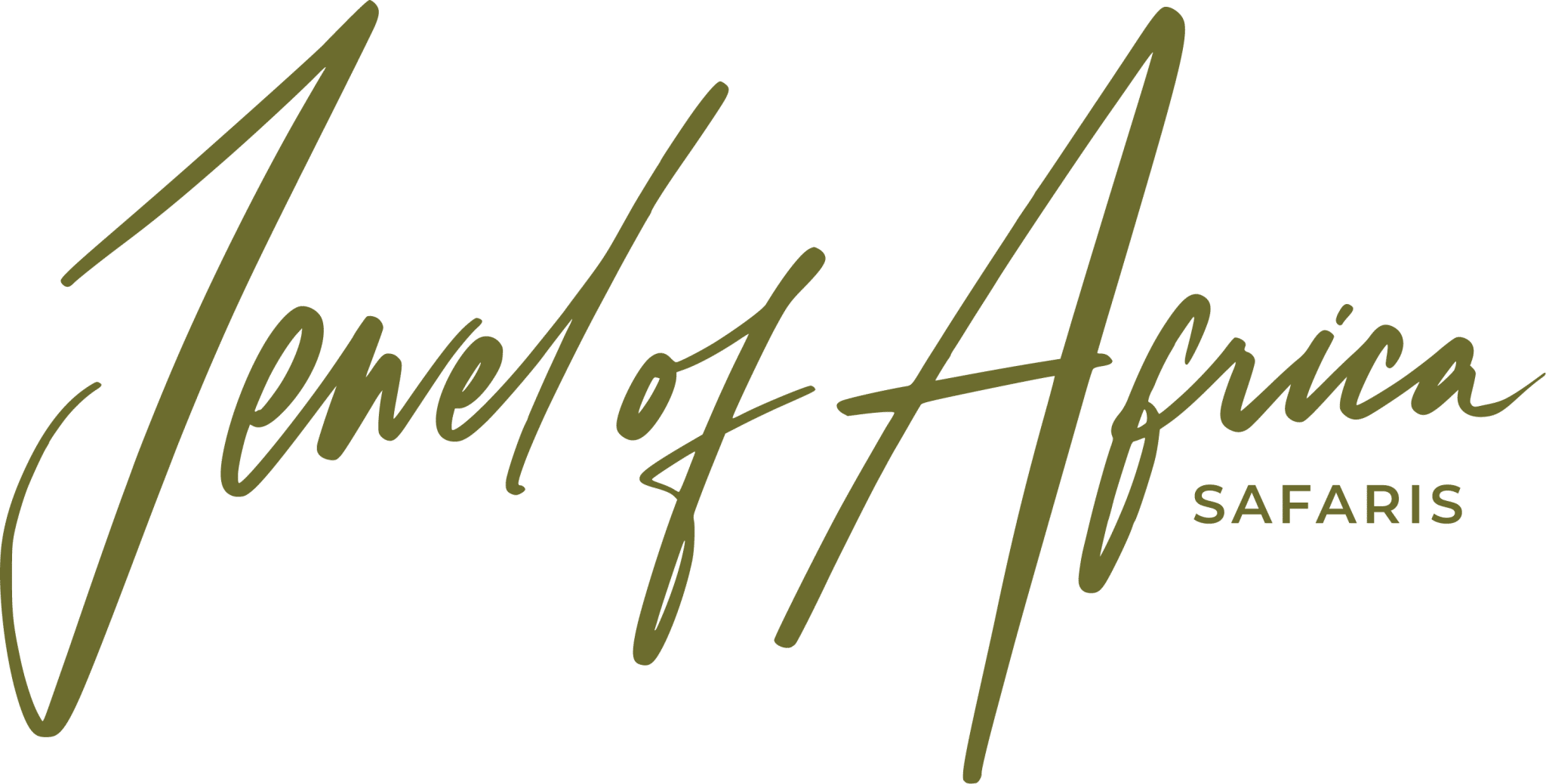 Elegant header logo for "Jewels of Africa Safaris" in stylized green script. The main text flows ornately with "Safaris" in a smaller, simpler font beneath.