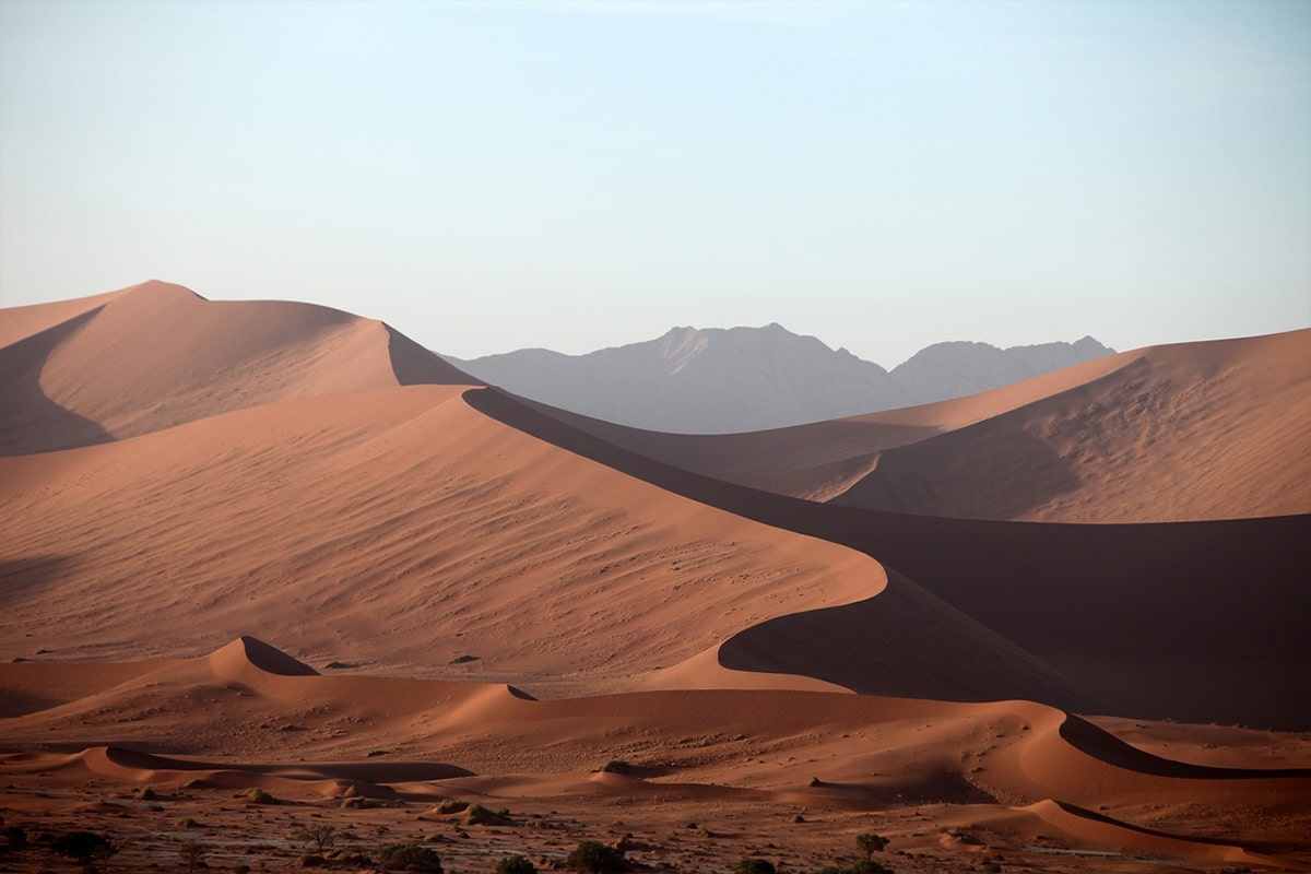 This image shows a desert landscape with sweeping sand dunes under a clear sky. The dunes have smooth curves and are highlighted by the soft light of either sunrise or sunset, perfect for a luxury Nam