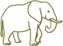 A simple line drawing of an elephant in profile, depicted in a golden color. The elephant stands with its trunk extended forward and its tail visible at the back, suggesting a peaceful demeanor reminiscent of African safari